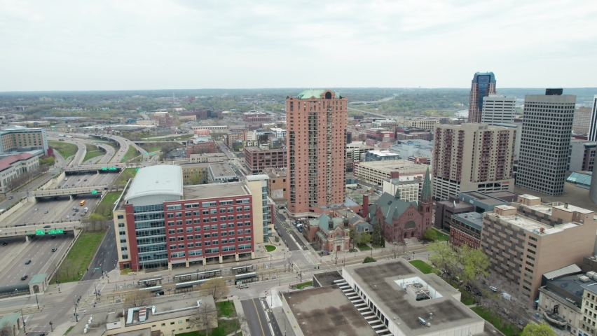 Drone shot of downtown St. Paul, MN on a cloudy day