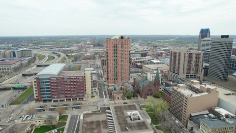 Drone shot of downtown St. Paul, MN on a cloudy day