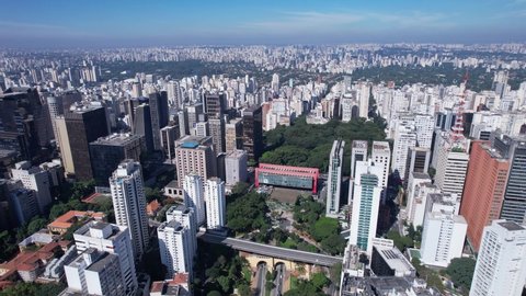 São Paulo, Brazil - 03, 2022: Aerial view of Av. Paulista in São Paulo, SP.  MASP, important museum of latin america