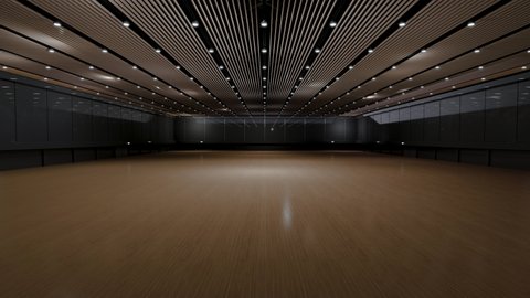 Motion Empty convention hall center .The backdrop for exhibition stands,booth elements. Meeting room for the conference.Big Arena for Entertainment,concert,event.museum.Animation loop 4k.3d render.