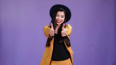 Lady promoter make thumb up ads isolated vibrant color background