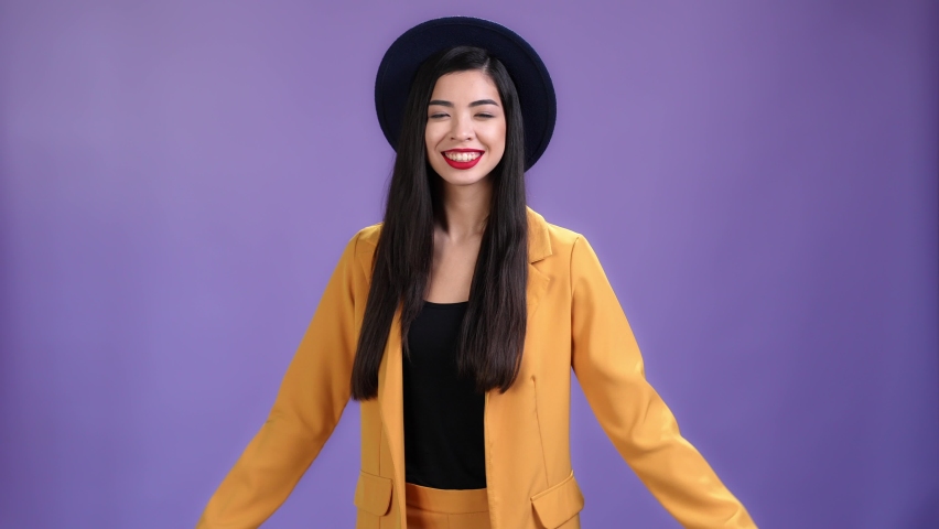 Elegant cute lady make okay symbol isolated vibrant color background