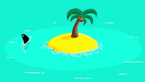 Shark swimming around the desert island. Cartoon seamless loop 2d color motion design style children animation. Explainer, symbol, metaphor.