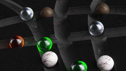 Colored balls roll around the dark marble labyrinth. White, brown, green, orange sphere. 3d animation of seamless loop