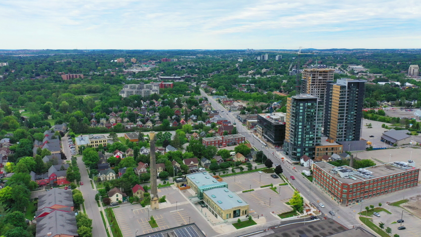 Aerial scene of Kitchener, Ontario, Canada downtown 4K