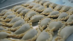 Dumplings on baking sheet. Clip. Lots of delicious dumplings on boards. Ready-made dumplings for mass cooking