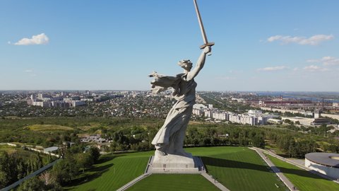 Drone view of the sculpture The Motherland Calls. Dedicated to the Heroes of the Battle of Stalingrad - the most important battles of the Second World War - JULY 08, 2021 Volgograd, Russia