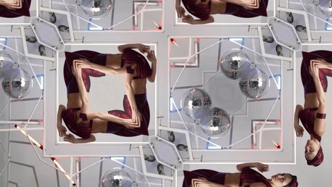 psychedelic kaleidoscopic shot with dancing woman, moving geometry, fantasy and dream concept
