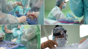 Collage medicine. A team of specialists from a multinational medical hospital in dressing gowns in the operating room during laparoscopic surgery using endoscope technology with monitors - Powered by Shutterstock - Get 15% off with code: PIKWIZARD15