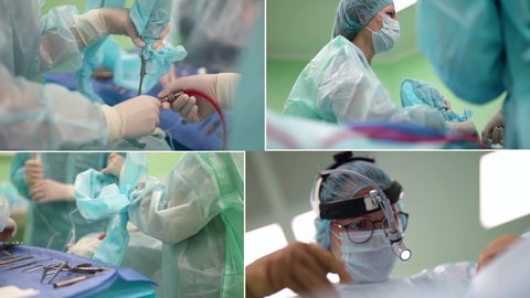 Collage medicine. A team of specialists from a multinational medical hospital in dressing gowns in the operating room during laparoscopic surgery using endoscope technology with monitors