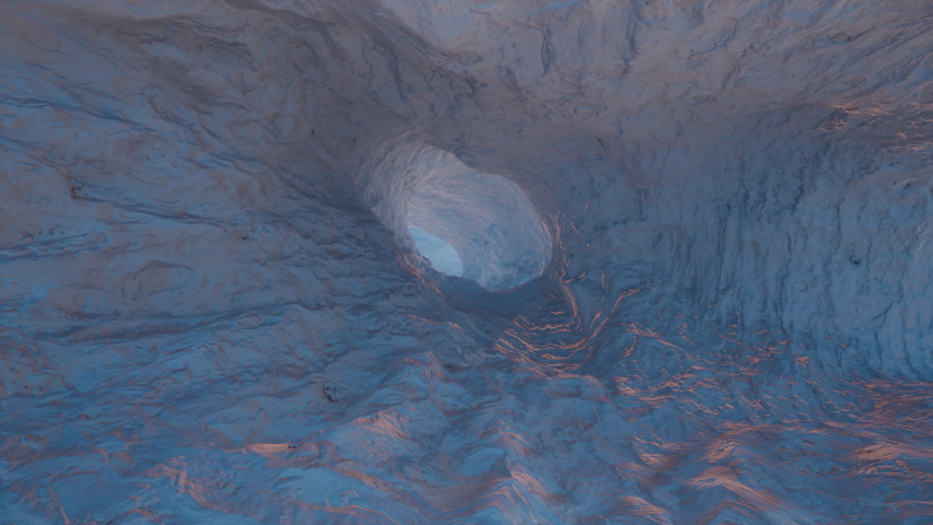 Traveling slowly through an ice cave with the sun's shadows bouncing off the walls while exiting onto a beautiful ocean scene. Royalty-Free Stock Footage #1088734353