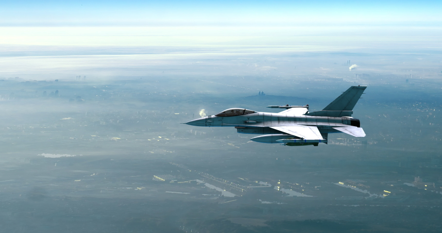 Military Fighter Jet Flying Over The City. High Above The Clouds. War And Air Force Related 4K Motion.