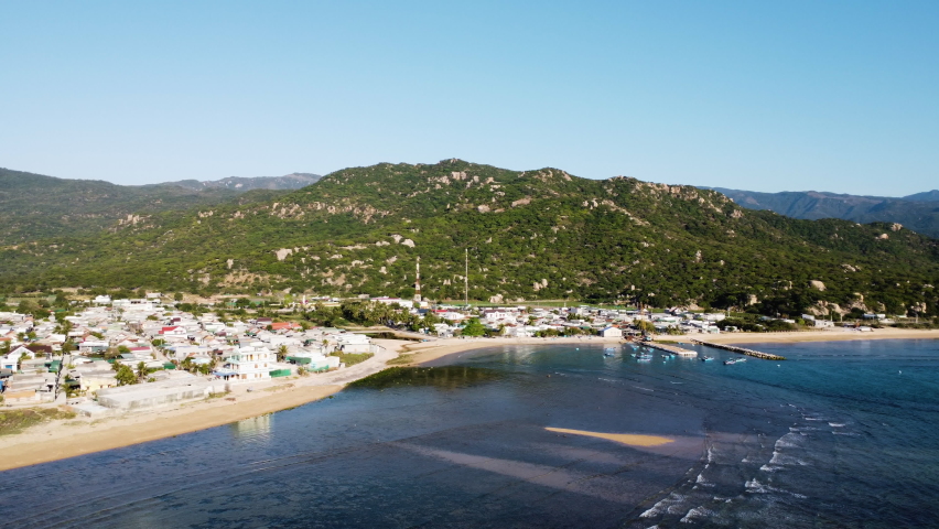 Scenic aerial panorama of tropical beach in coastal Thai An town, Vietnam