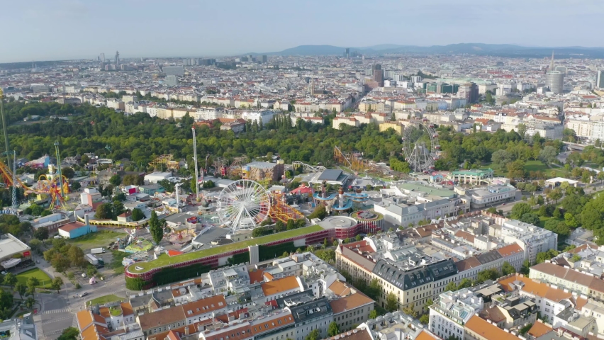 Aerial View of Vienna, Austria above Leopoldstadt and Riesenrad Ferris Wheel Royalty-Free Stock Footage #1088736263