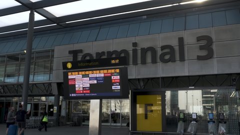 London , United Kingdom (UK) - 03 19 2022: View Of Airline Departure Information Board Outside Heathrow Terminal 3 Building On 19 March 2022