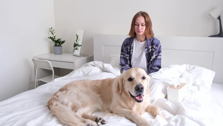A young woman sits next to her dog on the bed and sneezes. The concept of allergies to pets. Royalty-Free Stock Footage #1088738741