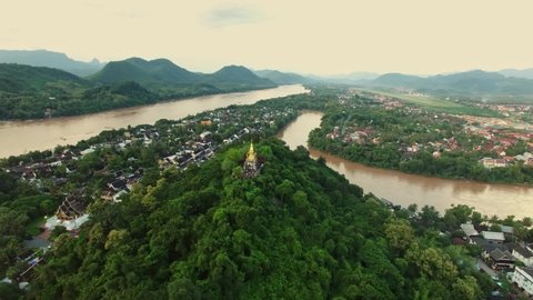 Luang Prabang City And Mount Phousi Monument in Laos, Aerial Panorama Shot