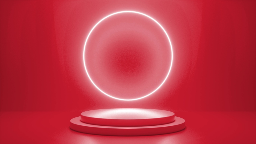 Red podium with a bright glowing blinking neon circle. Futuristic showcase with platform for product displaying. Empty stage with electric light. Geometric shapes composition. 3d animation loop 4K Royalty-Free Stock Footage #1088739637