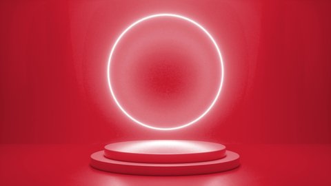 Red podium with a bright glowing blinking neon circle. Futuristic showcase with platform for product displaying. Empty stage with electric light. Geometric shapes composition. 3d animation loop 4K