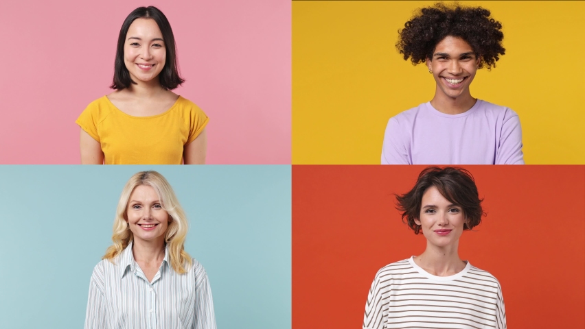 Set collage of four fun faces multiethnic diverse emotional people, man and women group different ages wearing casual clothes isolated on colorful background studio portraits. Human facial expression | Shutterstock HD Video #1088741399