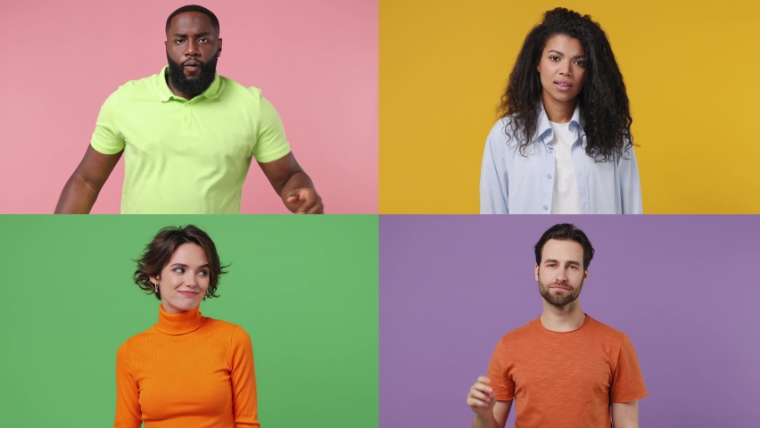 Set collage of four faces multiethnic diverse people man women group different ages wears casual clothes dance fool around have fun gesticulating with hands enjoy relax isolated on colorful background | Shutterstock HD Video #1088741417