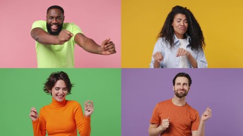 Set collage of four faces multiethnic diverse people man women group different ages wears casual clothes dance fool around have fun gesticulating with hands enjoy relax isolated on colorful background