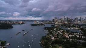 Aerial hyperlapse, dronelapse video of Sydney Harbour at night