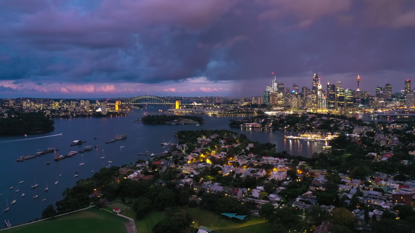 Aerial hyperlapse, dronelapse video of Sydney Harbour at night