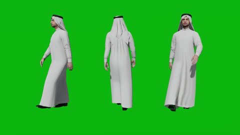  Arab 3 man walking back and forth realistic 3D people rendering isolated green screen