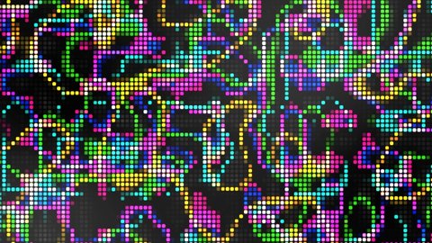 Wave color animated intro mosaic background. Pattern of connecting lines of squares. Neon glow. Movement of pixels. Chaotic circles. Energy flows. Design of technology, social networks. 4k	
