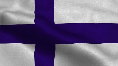 Finland flag waving in the wind with high-quality texture in 4K UHD National Flag. Realistic Animation of The flag of Finland with moving clouds blue sky background