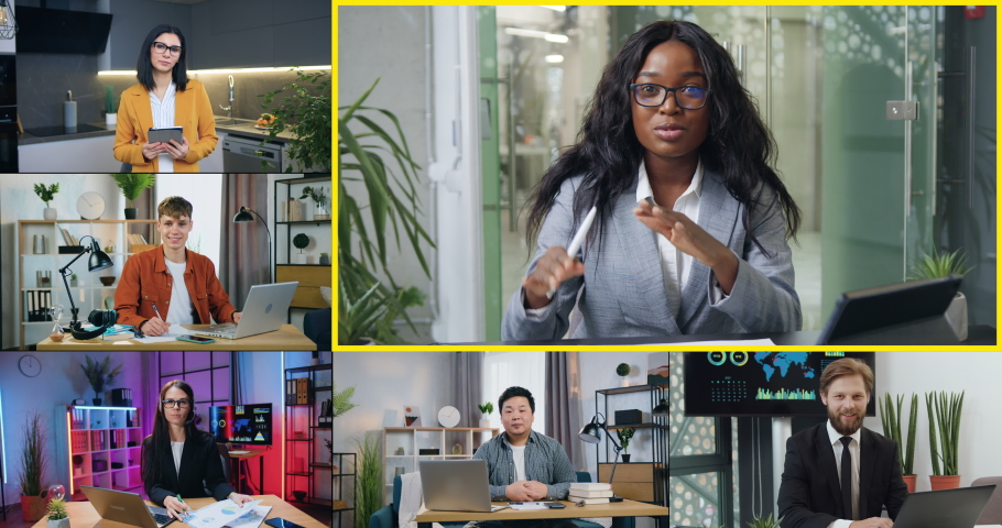 Collage of attractive confident skilled multiethnic businesspeople which sitting in front of camera during joint video meeting