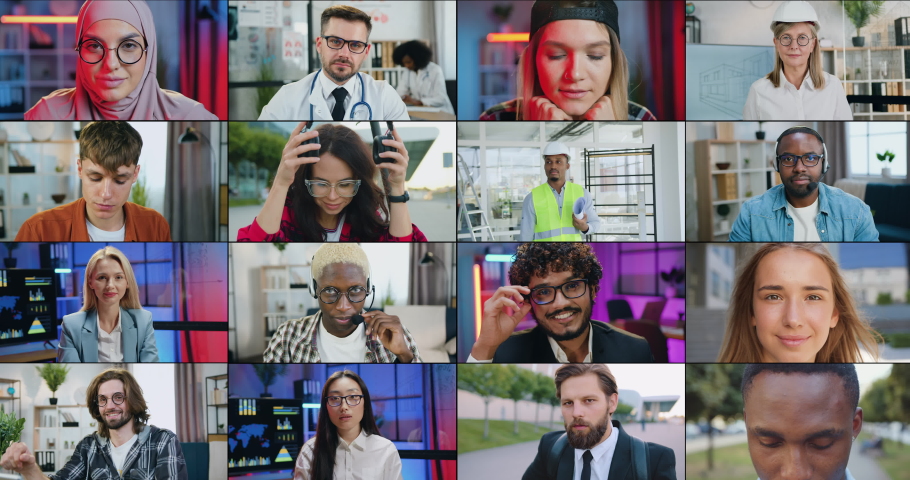 Mosaic of attractive positive diverse multiethnic young and adult people of different professions which posing into camera indoors and outdoors | Shutterstock HD Video #1088748285