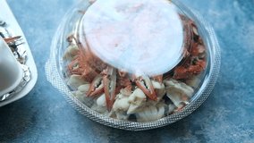 Close up of steamed crab in box, Thai seafood