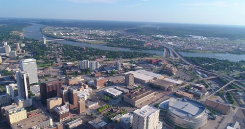LINCOLN, NEBRASKA - JUNE 2021: Aerial View of Downtown Lincoln, Nebraska on Hot Summer Day