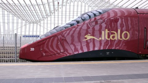 Reggio Emilia, Italy: 2022 01 02 Italo high-speed train arrives at the Calatrava Mediopadana station