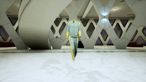 Fashion show in 3D: an invisible model in a tracksuit. Yellow, green. Meta model, virtual avatar, walking by the podum. Trendy fashion pret-a-porte. 4K
