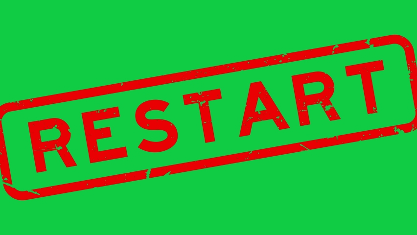 Grunge red restart word square rubber seal stamp zoom on green background