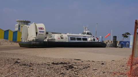 Portsmouth, Hampshire, UK, March 25 2022. The Hover Travel Hovercraft engine start and departure from the terminal in Portsmouth. Footage with sound.