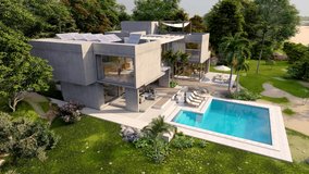 3D animation of a luxurious modern mansion, solar powered viewed from above