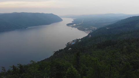 Lake Baikal in the evening. Aerial view.