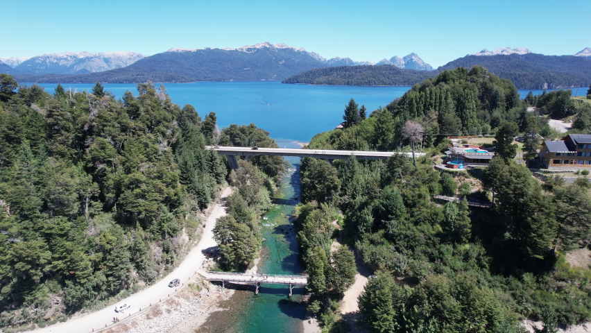 View of The Correntoso River, a river located in Villa La Angostura, Argentina, this River runs from Correntoso Lake to Nahuel Huapi Lake, standing out as one of the Shortest Rivers in the World. 4K.