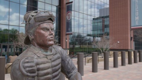 Arlington, TX - March 30, 2022: Statue of Texas Rangers' catcher Ivan "Pudge" Rodriguez at Globe Life Field