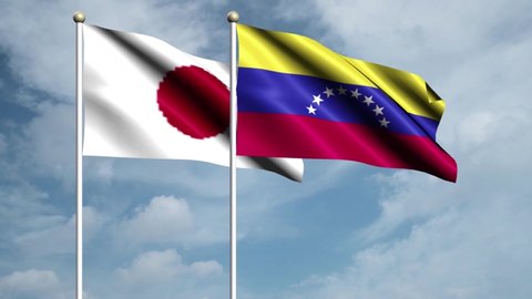 Venezuela, Japan, 3d flags of Venezuela and Japan waving in the wind on sky background.