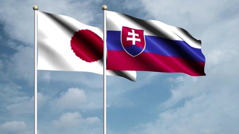 Slovakia, Japan, 3d flags of Slovakia and Japan waving in the wind on sky background.