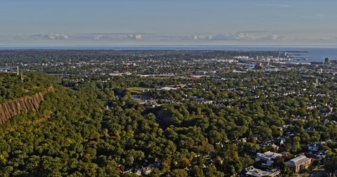 New Haven Connecticut Aerial v22 pan shot of beautiful nature landscape across fair haven and east rock neighborhoods, overlooking at distance cityscape - Shot with Inspire 2, X7 camera - October 2021
