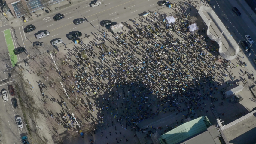 Crowd Of People At The Vancouver Art Gallery Plaza During Pro-Ukrainian Rally In British Columbia, Canada. aerial