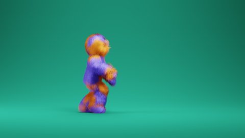 Colorful cartoon 3D yeti dancing across the screen against green background. 3D rendering.