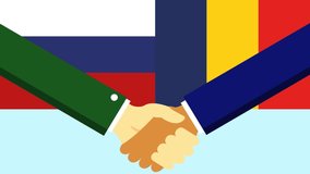 Two people shaking handshake with Russia and Romania flag, Handshake icon, business agreement handshake. - Powered by Shutterstock - Get 15% off with code: PIKWIZARD15