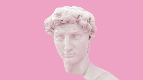Digital Blink Eyes And Smile Face of David head on pink background. Sculpture David 3D Smile And Blink Eyes Of Animation. 3D animation. 4K. Ultra high definition. 3840x2160.